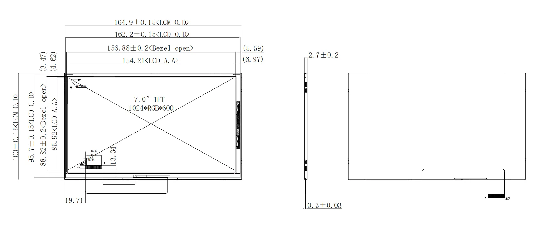 7 inch tft lcd display 1024x600 with 2/4-lane MIPI interface