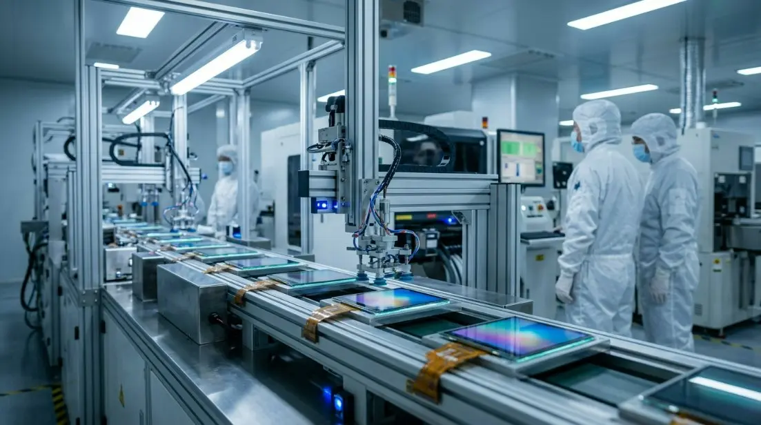 A high-tech factory cleanroom in China showing an automated production line for 7-inch TFT LCD modules with technicians in lab coats.
