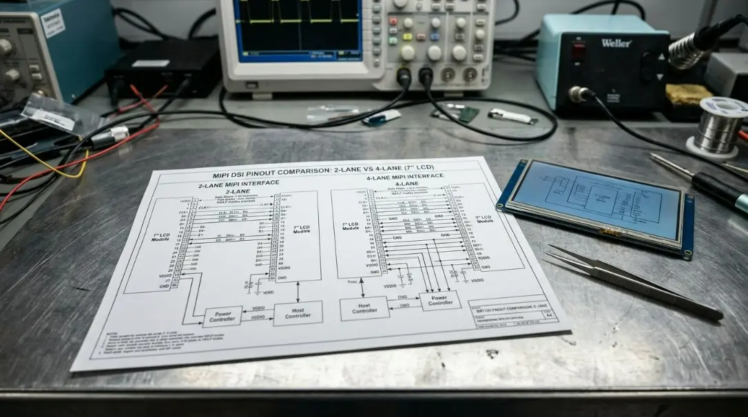 Engineering diagram comparing 2-lane vs 4-lane MIPI pinouts and data flow for a 7-inch liquid crystal display.