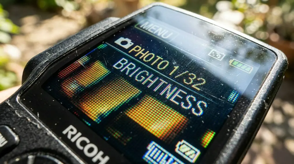 Close-up macro shot of the 2.4 inch IPS 480x640 display showing vibrant colors and sharp detail in a high-brightness outdoor environment.