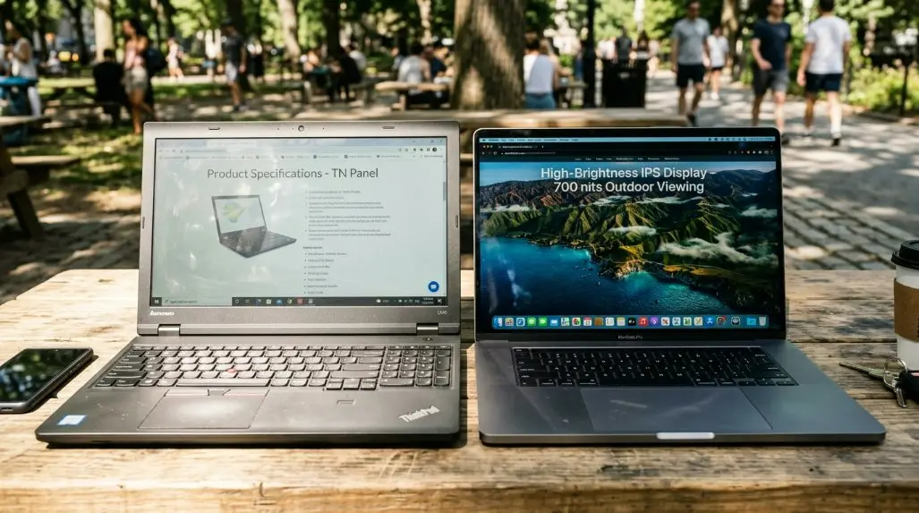 A comparison chart or graphic showing the difference between a standard TN display and the 700-nit high-brightness IPS display in bright sunlight.