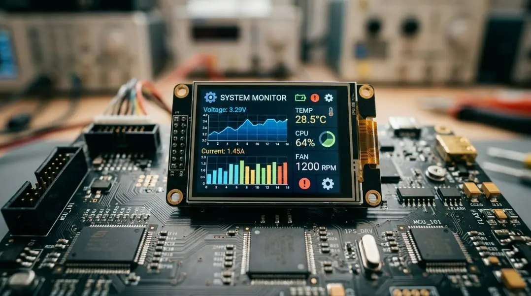A high-resolution 2.3-inch TFT LCD screen displaying a vibrant interface on a circuit board, highlighting its 480x360 resolution and IPS clarity.