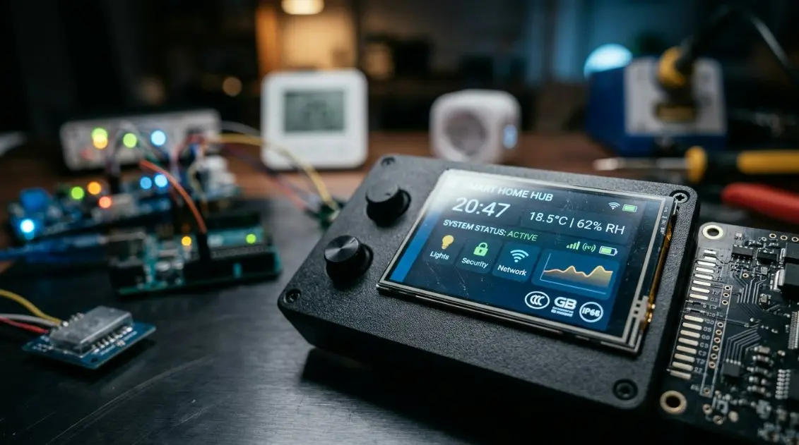 A conceptual graphic showcasing the 2.3 inch TFT LCD with various certification badges like 3C, GB, and IP68, set against a futuristic IoT background.