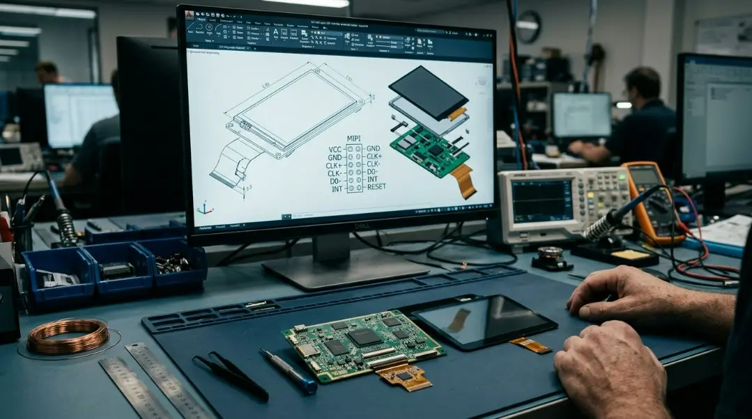 A detailed engineering 3D CAD diagram of a 5.5 inch LCD screen module with labeled MIPI pin layouts and custom-molded capacitive touchscreen frame components.