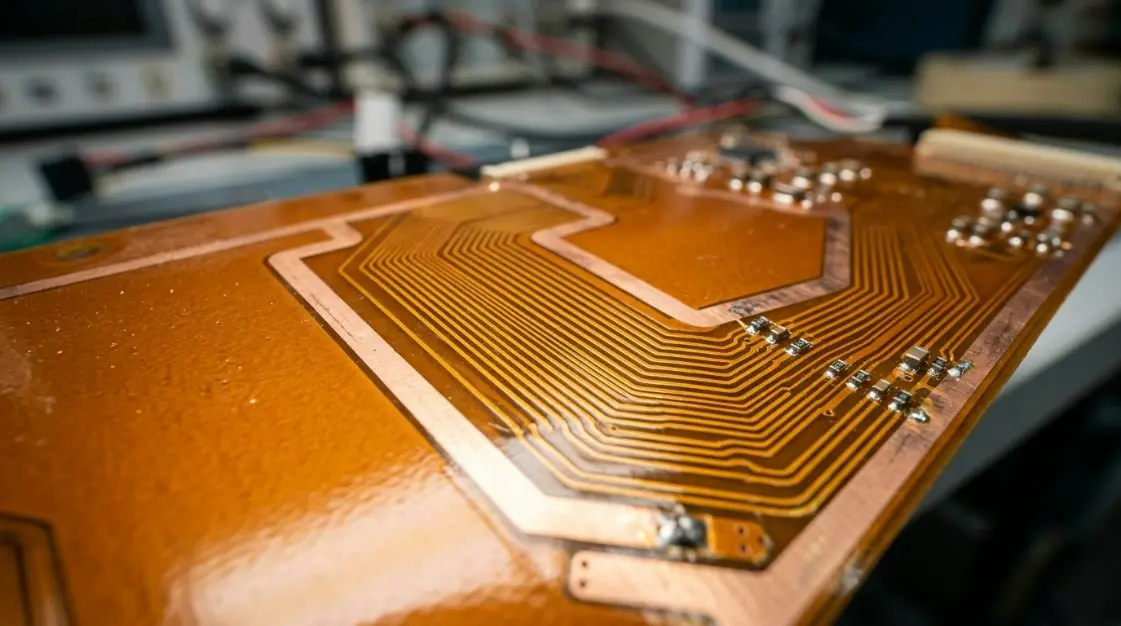 A close-up diagram detailing the internal signal routing of the ChromaSync Precision Protocol on a flex PCB, illustrating synchronous RGB clocks and minimal EMI radiation.