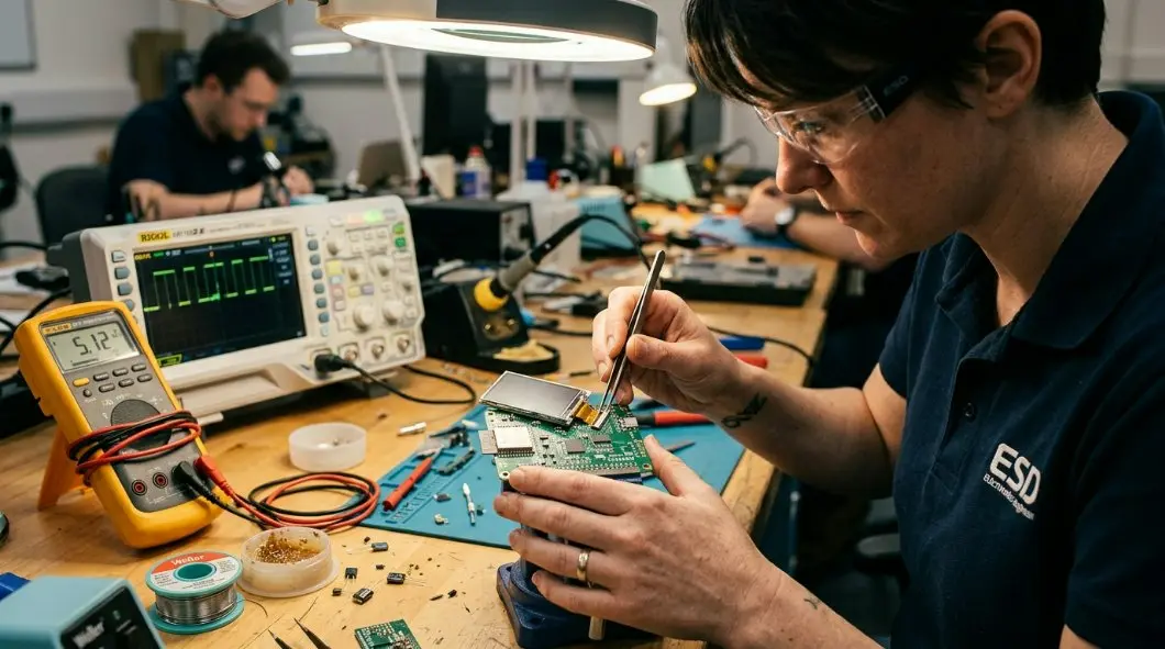 An engineer at a workbench with an oscilloscope and digital multimeter integrating a 3.17 inch horizontal LCD module to an advanced IoT microcontroller development board.
