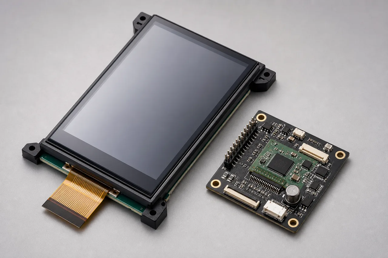 HONGJIA HJ4301-03 4.3-inch 480x800 IPS TFT LCD module with FPC and MCU interface, shown beside an embedded control board